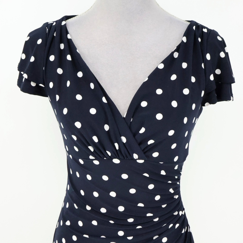 LRL Ralph Lauren Dress Womens 4 Navy Blue White Polka Dot Stretch Knit Faux Wrap - Picture 15 of 15
